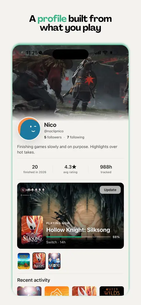 A profile built from what you play: stats, now playing and recent activity